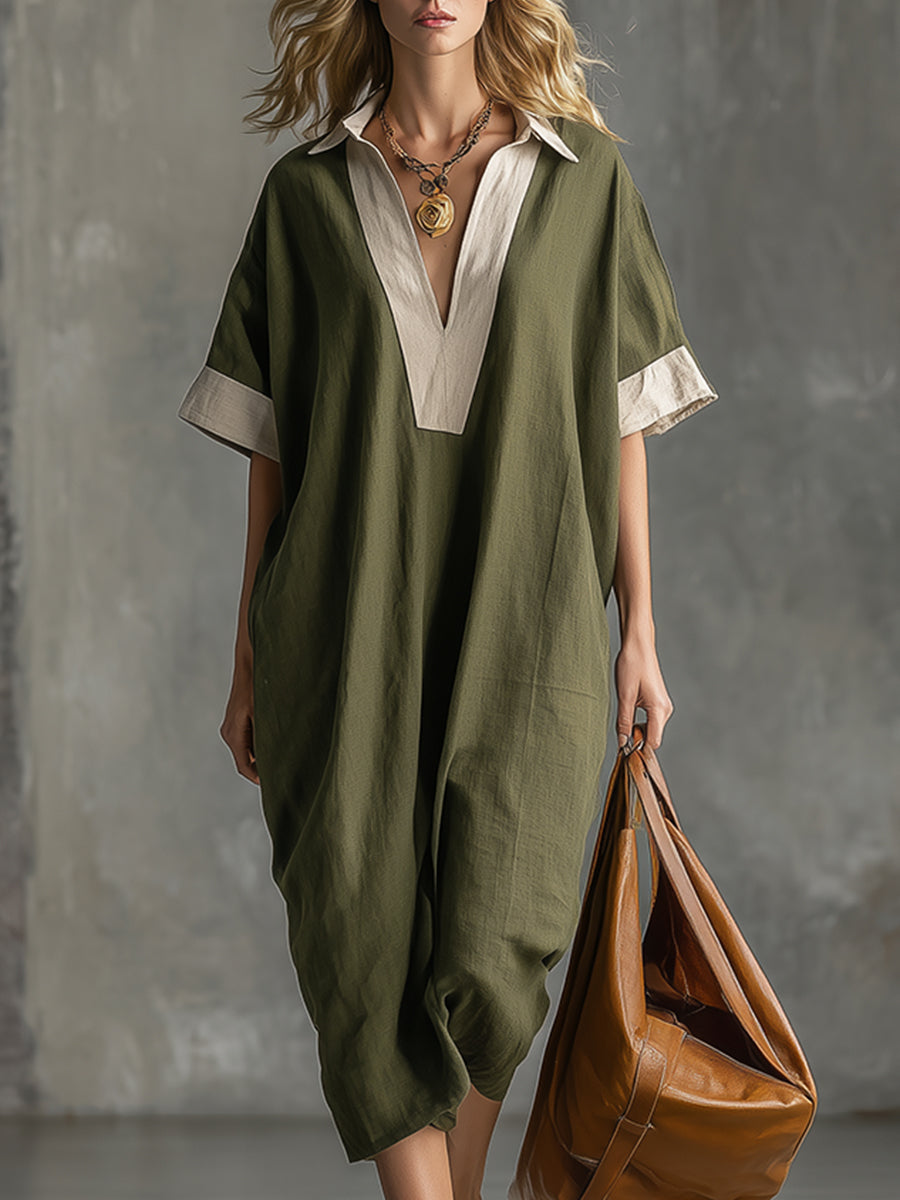 Elegant And Casual Color-blocked Neckline Bean Green Cotton And Linen Short-sleeved Midi Dres