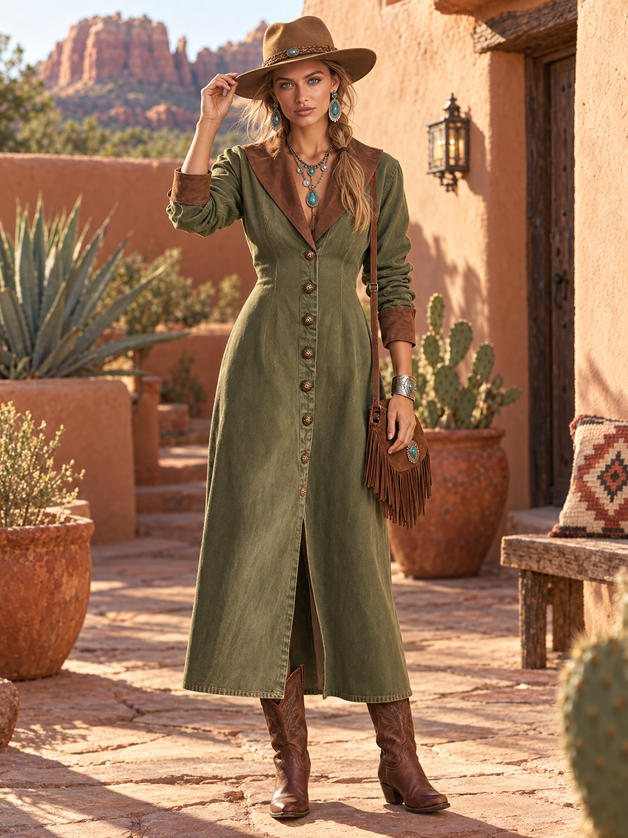 Olive Button Front Maxi Shirt Dress With Contrast Collar
