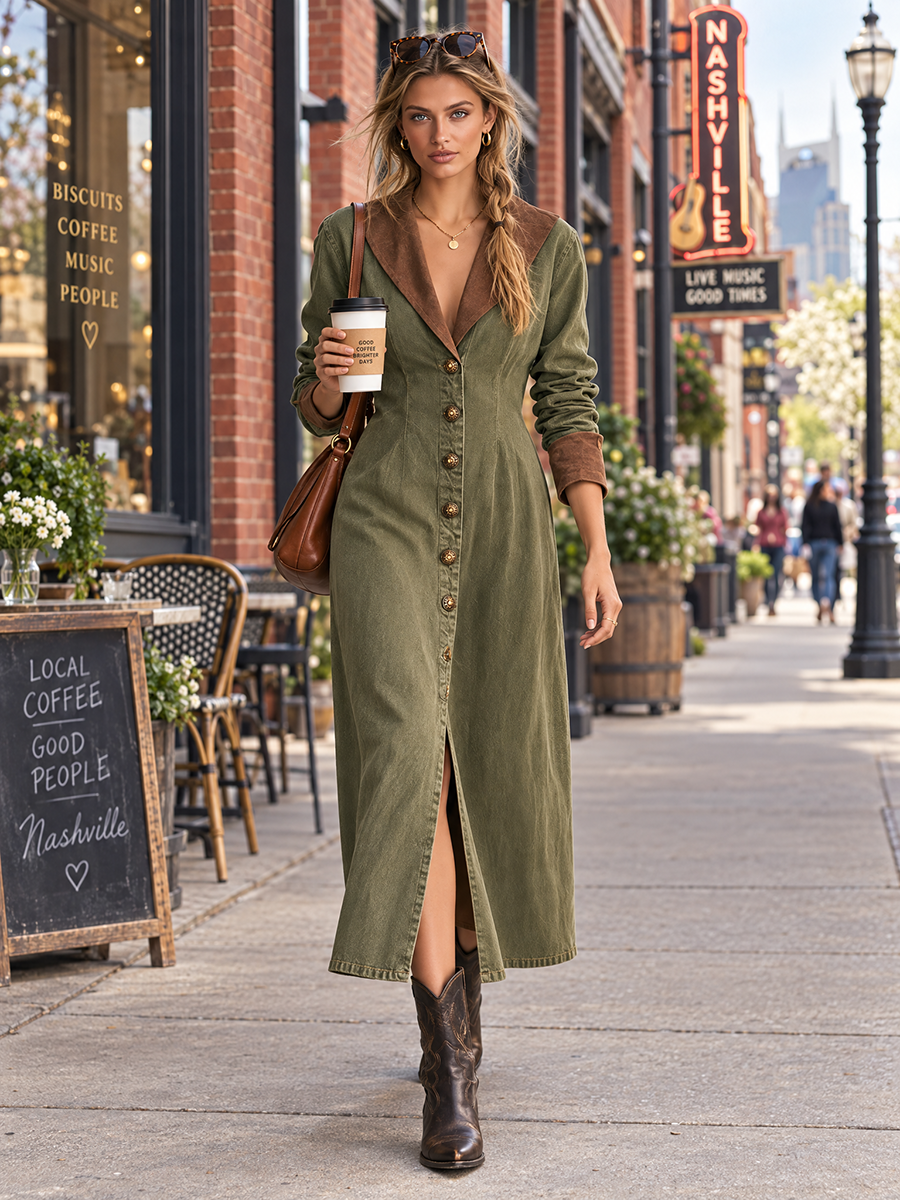 Olive Button Front Maxi Shirt Dress With Contrast Collar