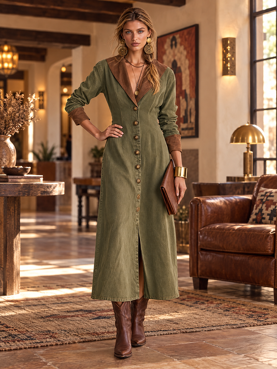 Olive Button Front Maxi Shirt Dress With Contrast Collar