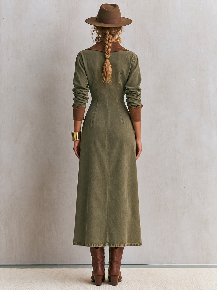 Olive Button Front Maxi Shirt Dress With Contrast Collar