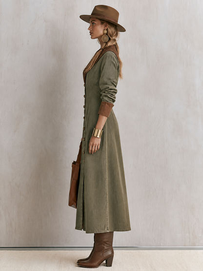 Olive Button Front Maxi Shirt Dress With Contrast Collar