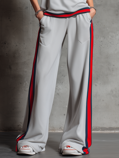 Retro Sporty Style Sleeveless T-shirt With Contrasting Trim And Wide-leg Pants Set