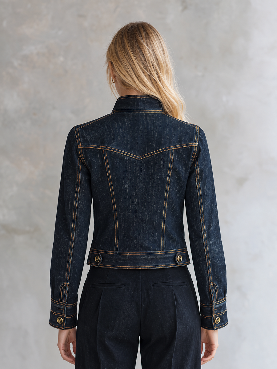 Women’s Cropped Navy Denim Jacket With Contrast Stitching