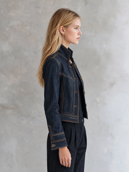 Women’s Cropped Navy Denim Jacket With Contrast Stitching
