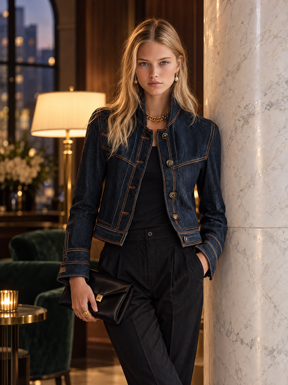 Women’s Cropped Navy Denim Jacket With Contrast Stitching