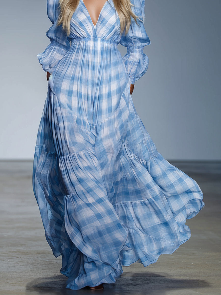 Loose V-neck Plaid Chiffon Long-sleeved Maxi Dress