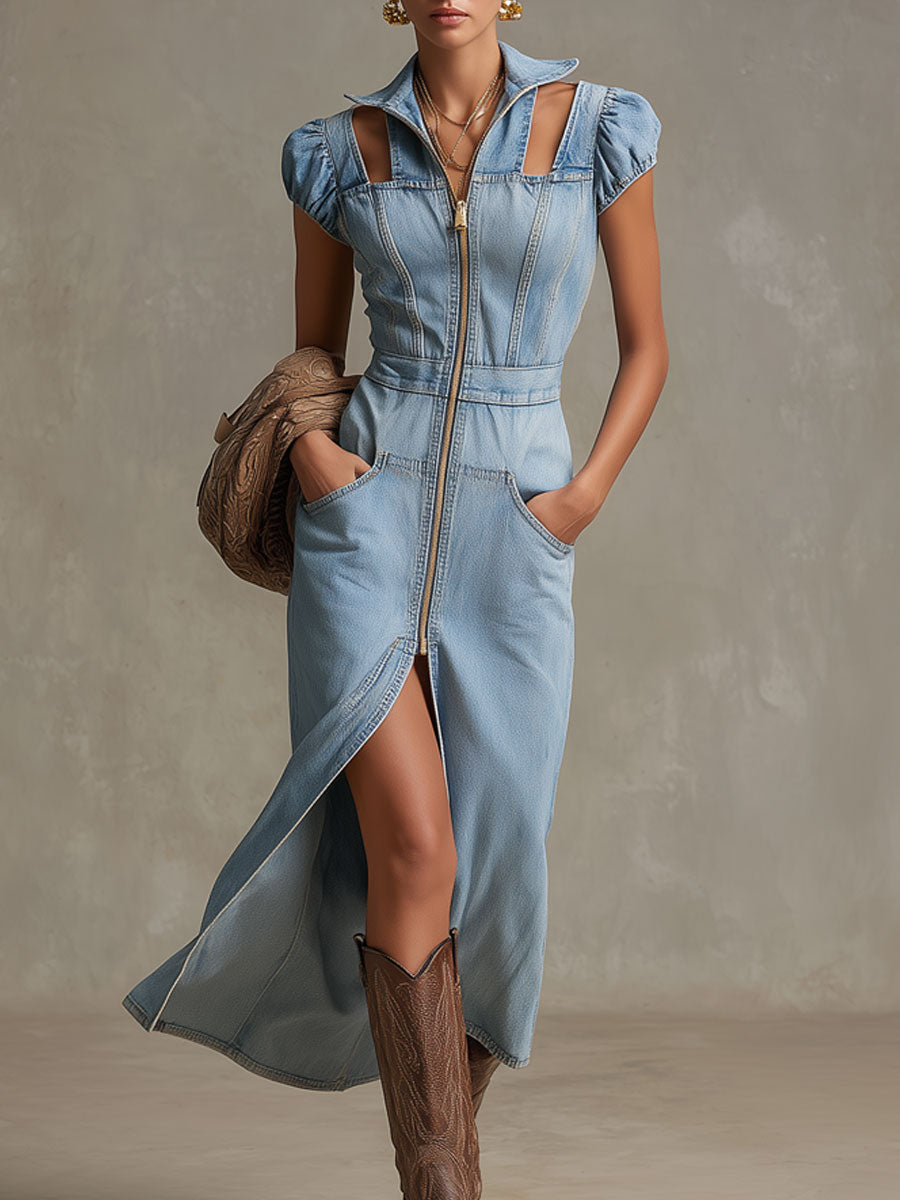 Casual Retro Light Blue Denim Cutout Short-sleeved Zipper Midi Dress