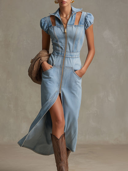 Casual Retro Light Blue Denim Cutout Short-sleeved Zipper Midi Dress