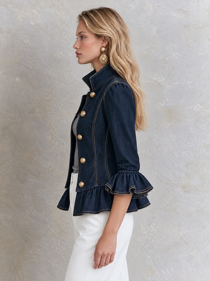 Indigo Peplum Denim Gold Button Jacket