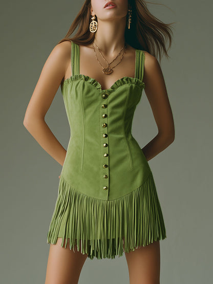 Western Retro Green Faux Suede Ruffled Sleeveless Tassel Mini Dress