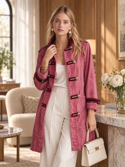 Pink Military Style Gold Button Longline Jacket