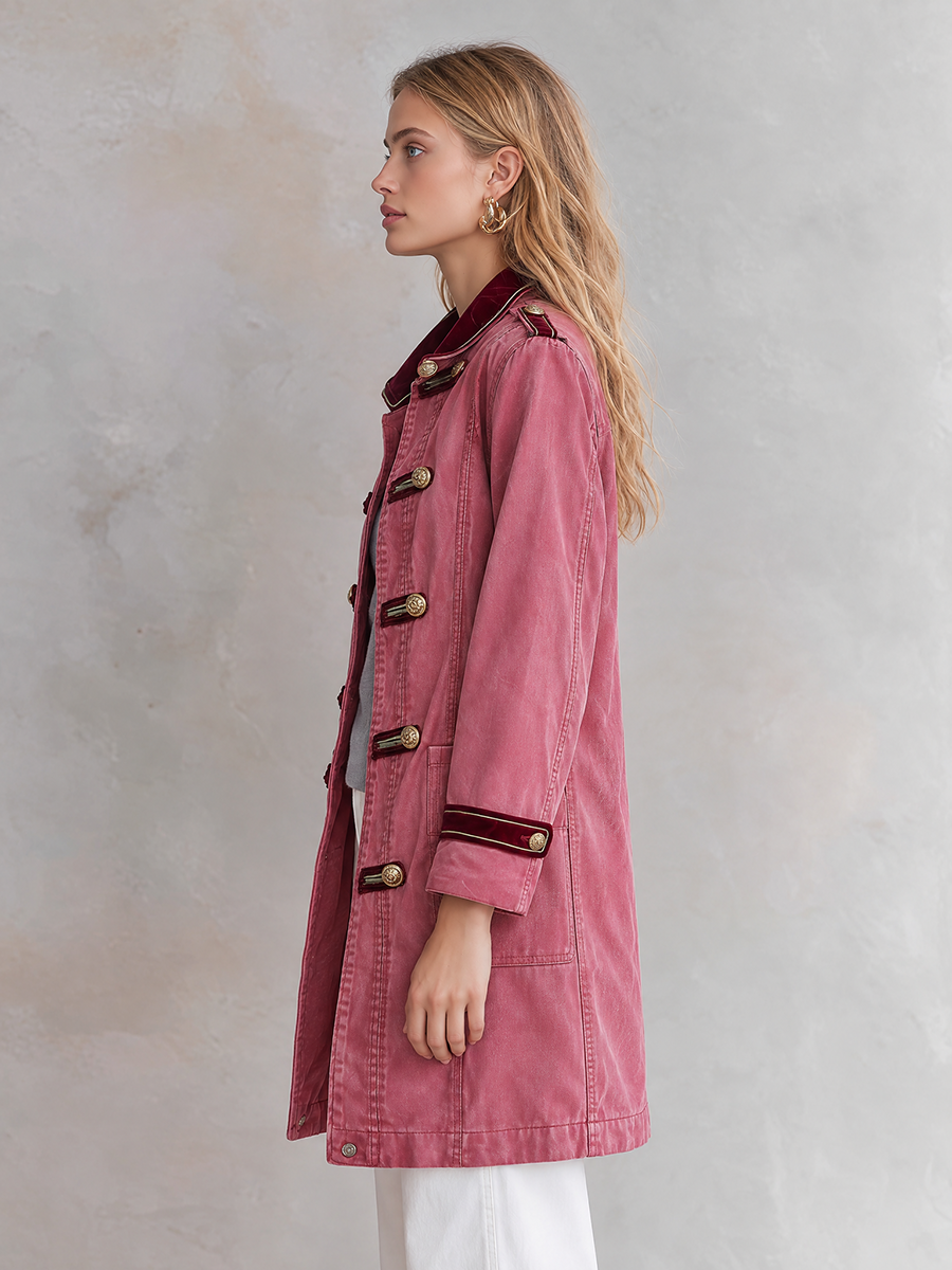 Pink Military Style Gold Button Longline Jacket