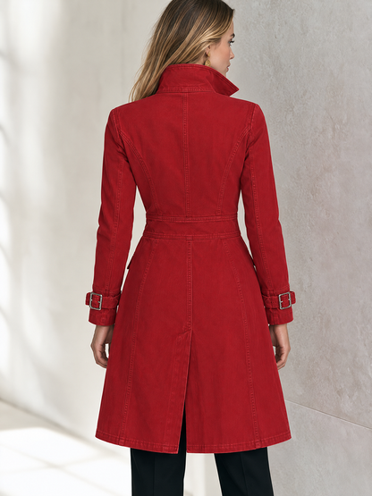 Red Double-Breasted Denim Trench Coat For Women