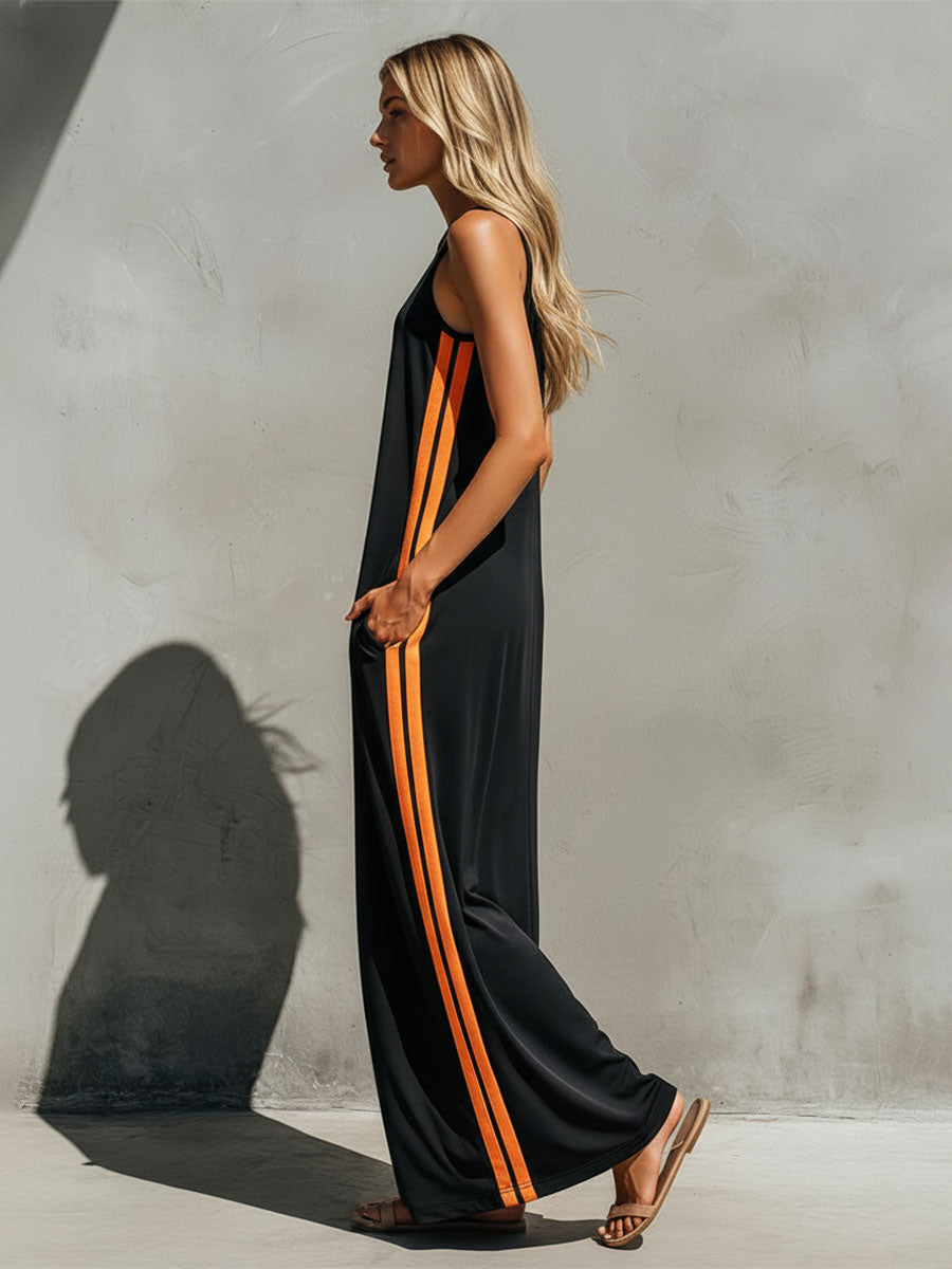 Casual Retro Color-blocked Black Sleeveless Round Neck Cotton Maxi Dress