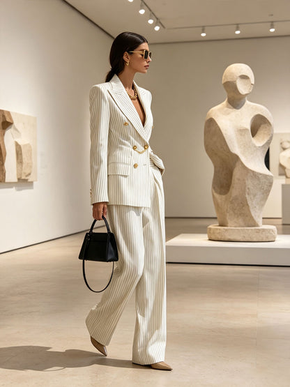 Retro-elegant Beige Striped Double-breasted Blazer