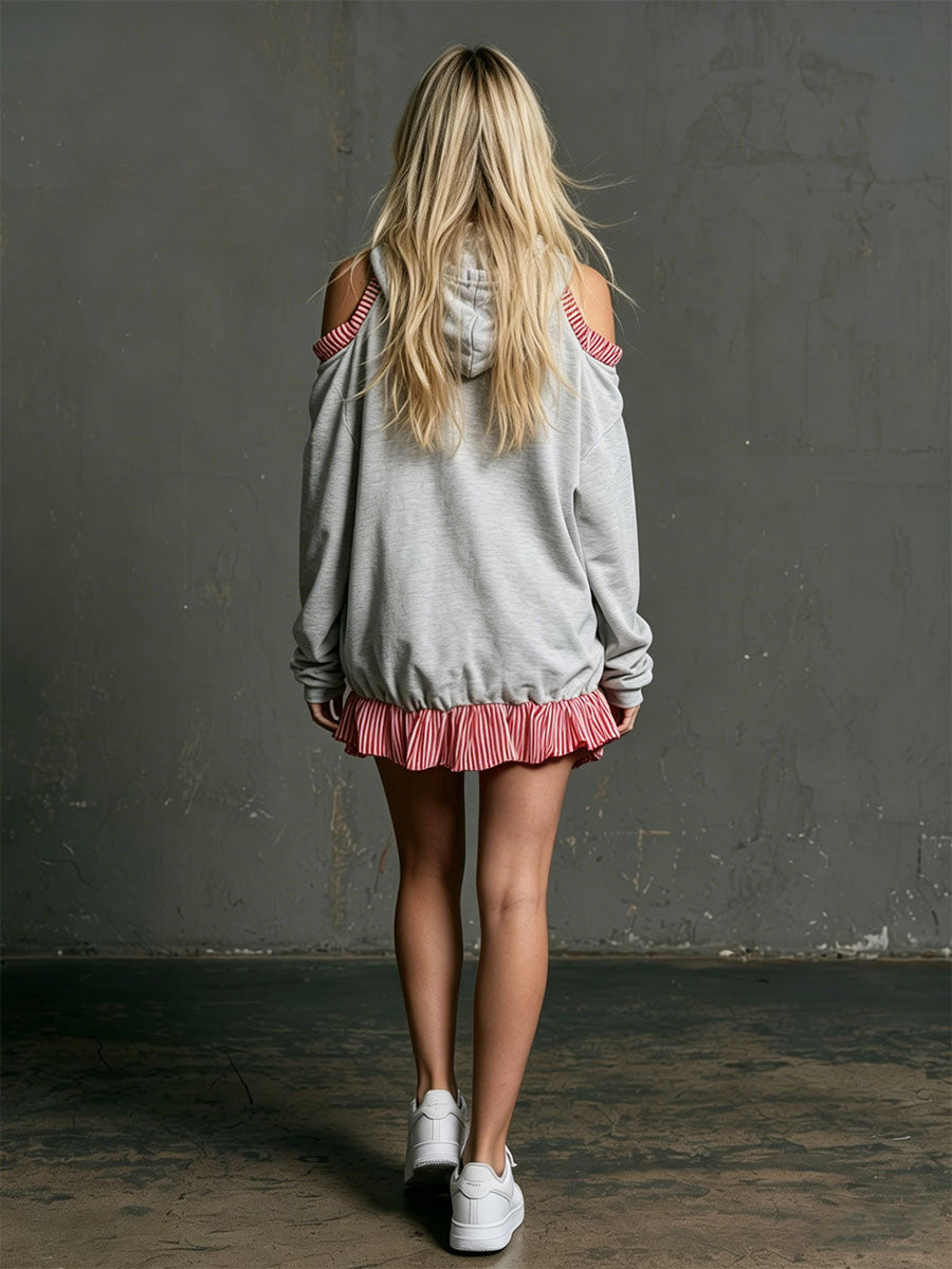 Retro Color-blocked Striped Grey Off-shoulder Long-sleeved Hooded Mini Dress