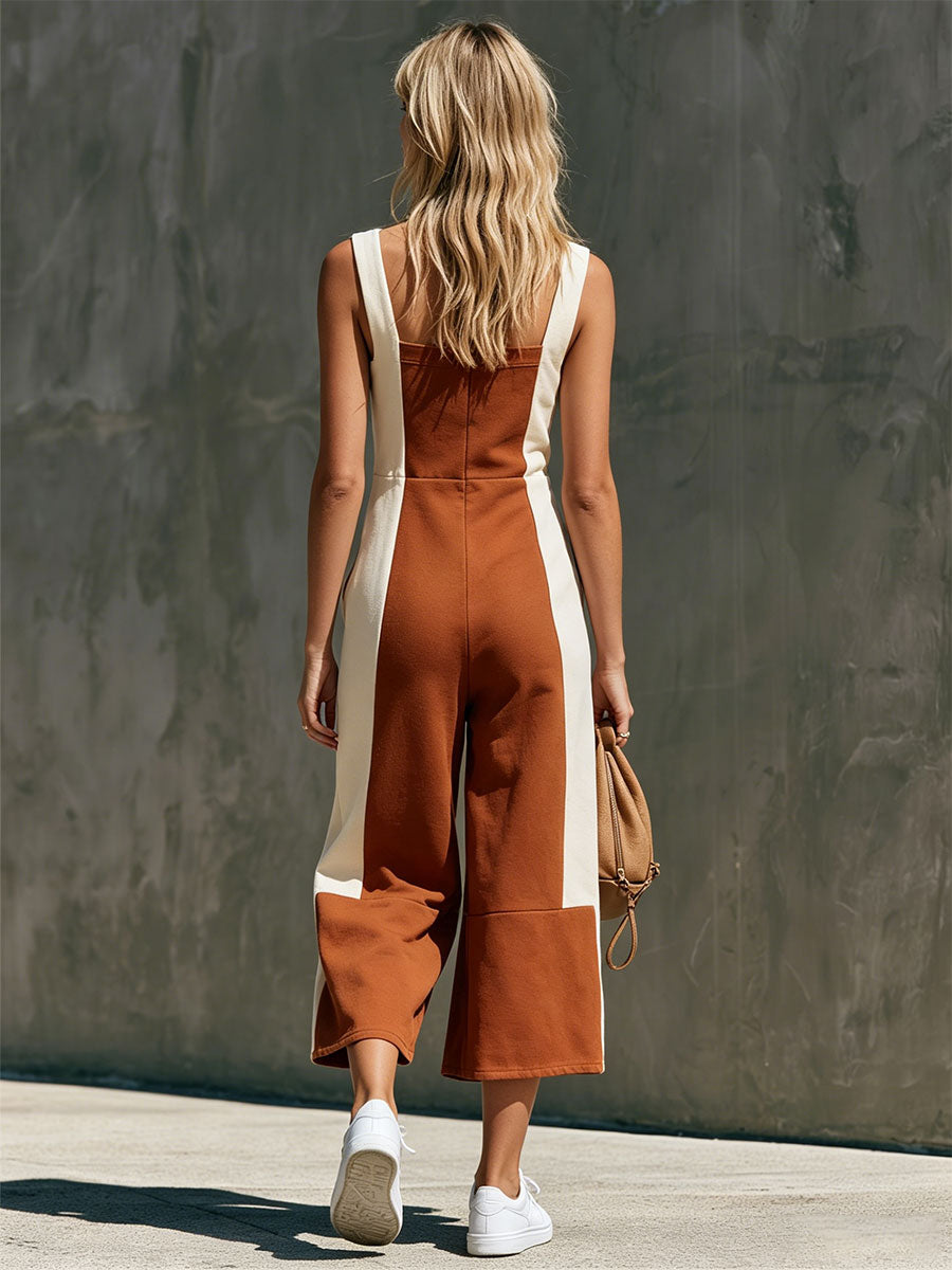 Casual Retro Color-blocked Square Neck Cotton Jumpsuit