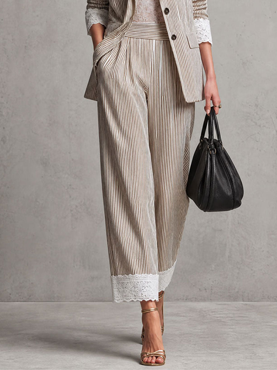 Vintage Lace Brown Striped Cotton-linen Pants
