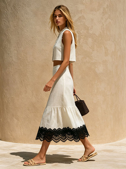 Retro-elegant Color-blocked Lace White Sleeveless Cotton-linen Shirt And Skirt Set