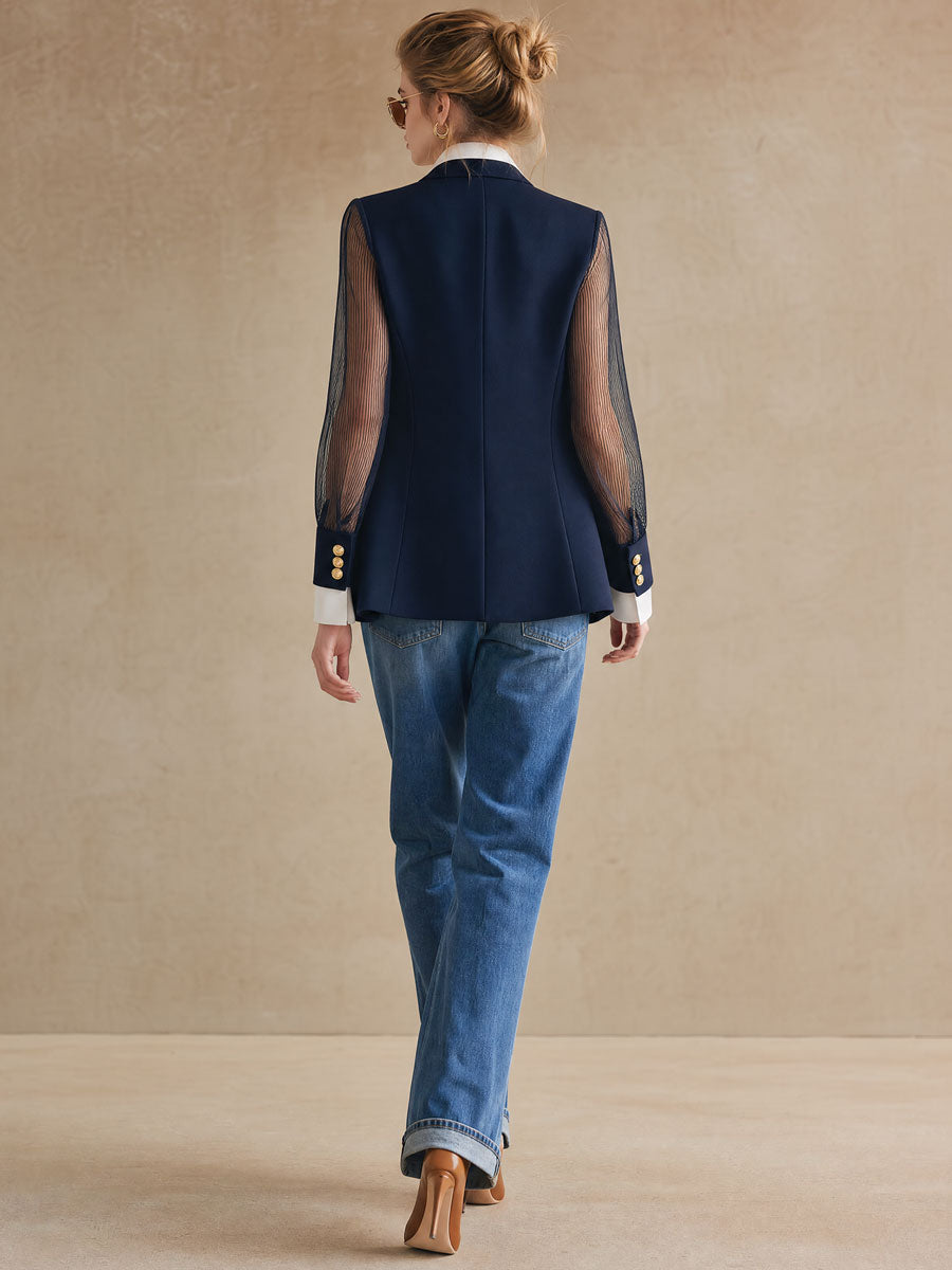 Simple And Stylish Navy Blue Chiffon Sleeve Blazer