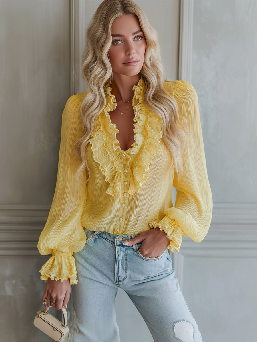 V-neck Chiffon Single-breasted Long-sleeved Shirt