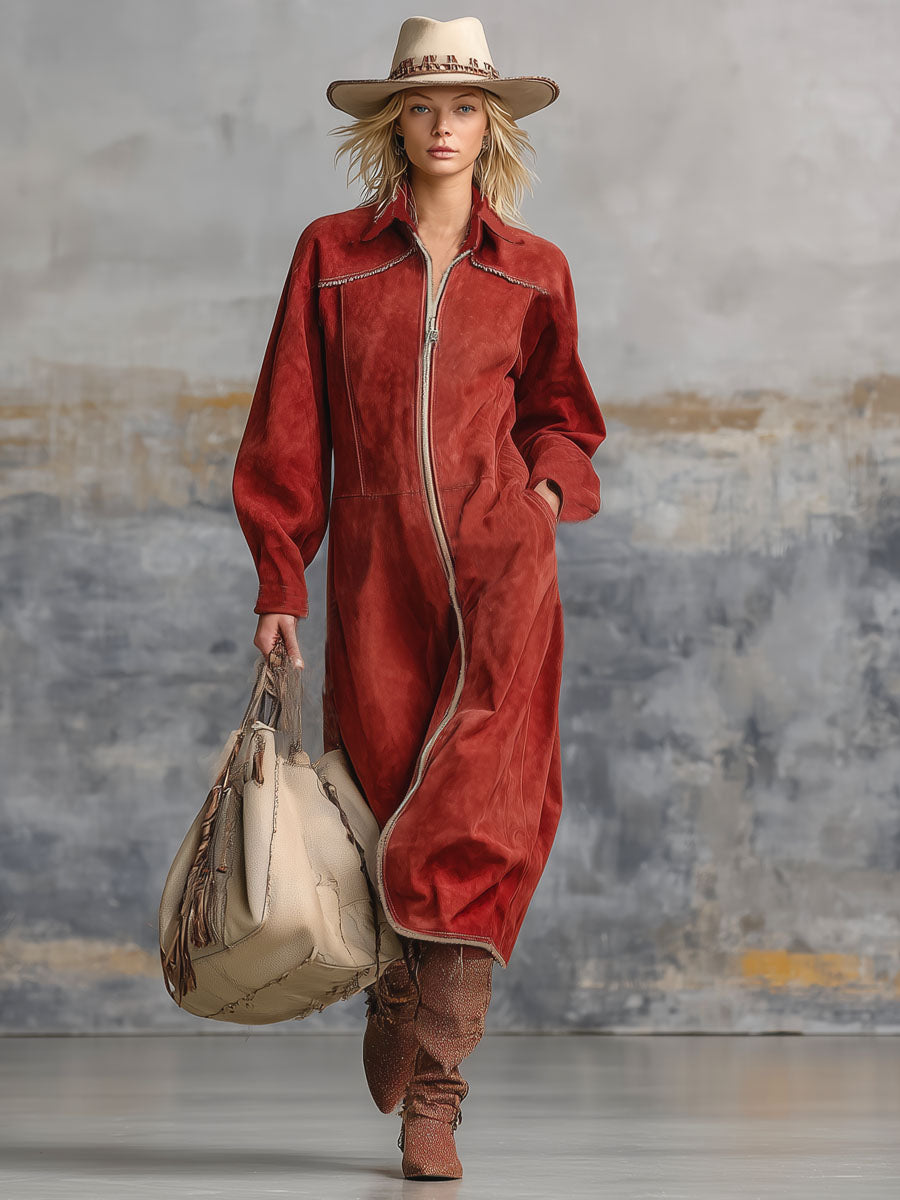 Western-style Lapel Zipper Color-blocked Faux Suede Midi Dress