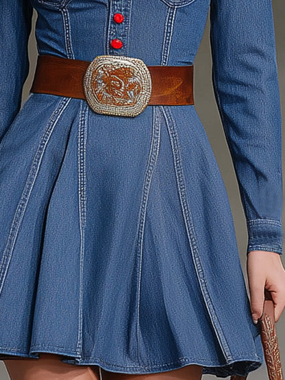 Retro Blue Denim Mini Dress With Red Button Closure