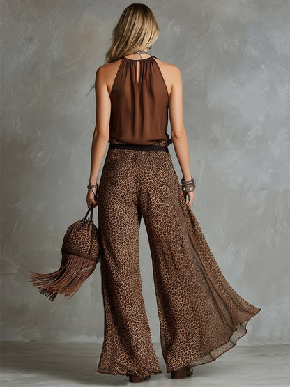 Retro Urban Style Brown Chiffon Halter Top And Leopard Print Wide-leg Pants Set