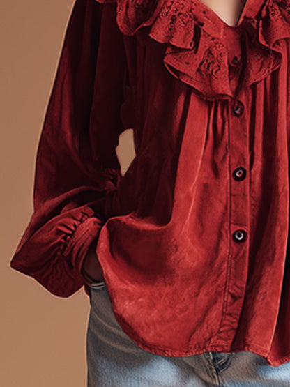 Western Retro Lace Ruffled Red Faux Suede Long-Sleeved Shirt