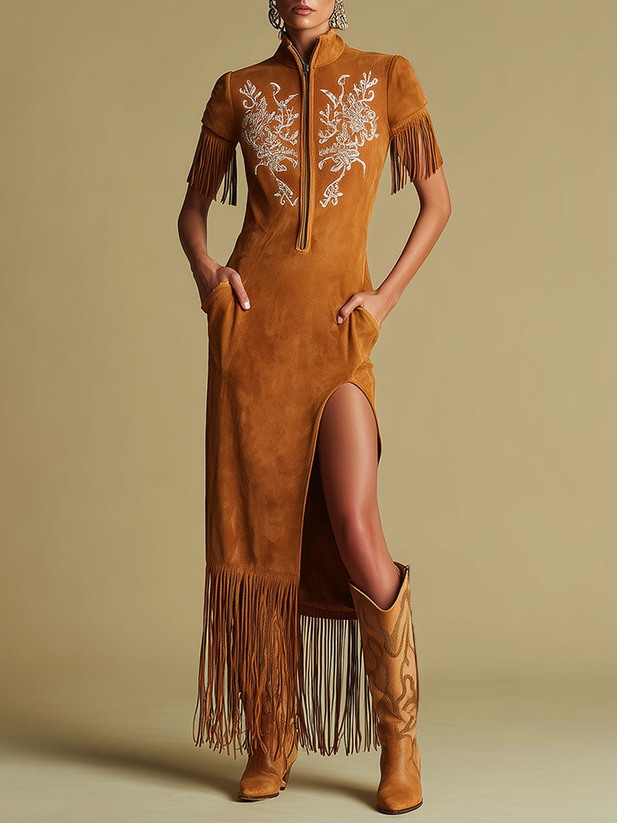 Western Retro Embroidered Brown Fringe Maxi Dress