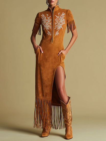 Western Retro Embroidered Brown Fringe Maxi Dress