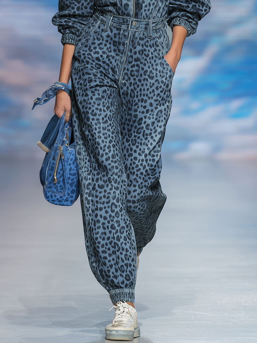 Retro Sporty Leopard Denim Shirt And Pants Set