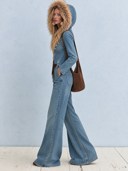 Hooded Wide Leg Denim Jumpsuit With Star Patch