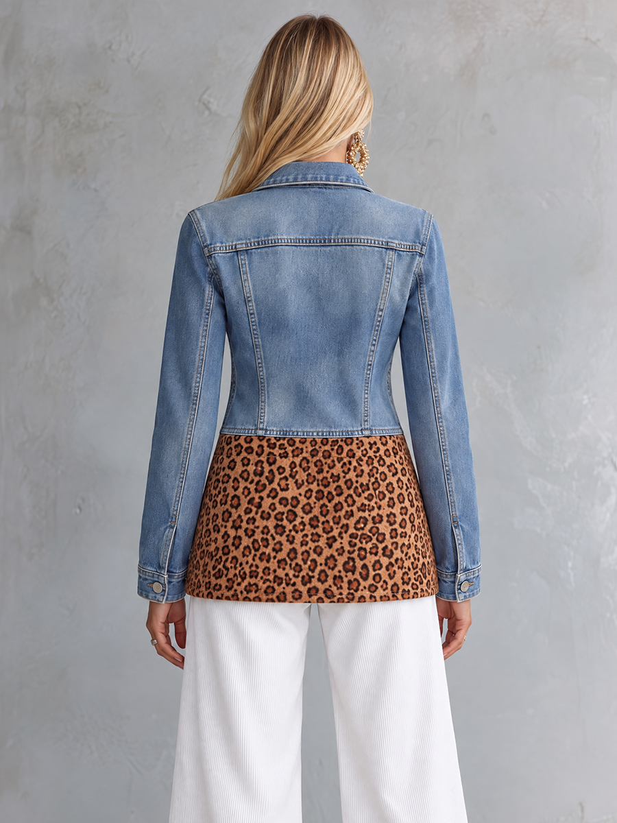 Leopard Patchwork Longline Denim Jacket