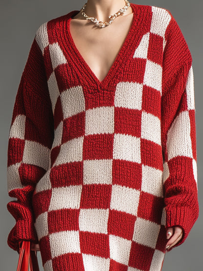 Elegant Red And White Checkered Knit Midi Dress