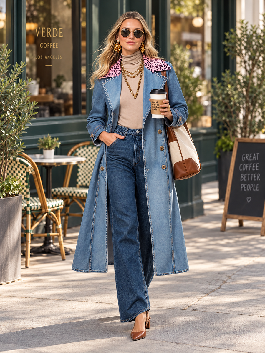 Denim Trench Coat With Pink Leopard Collar