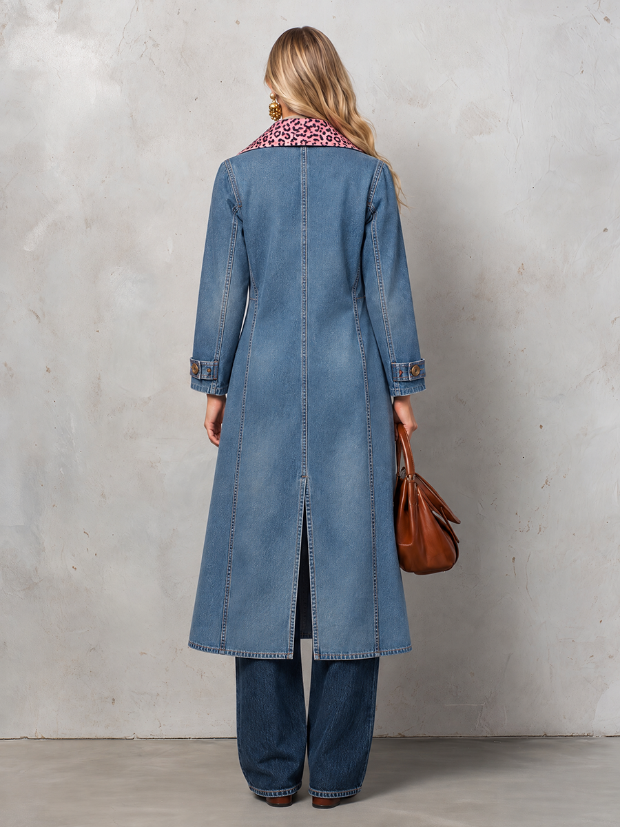 Denim Trench Coat With Pink Leopard Collar