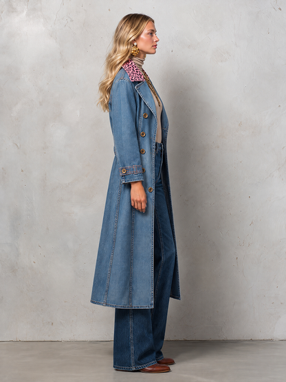 Denim Trench Coat With Pink Leopard Collar