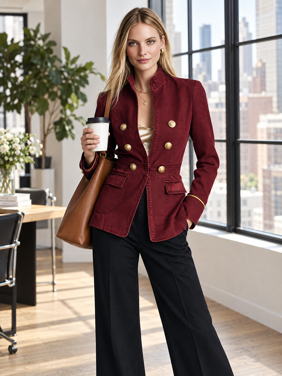 Burgundy Gold Button Military Jacket For Women