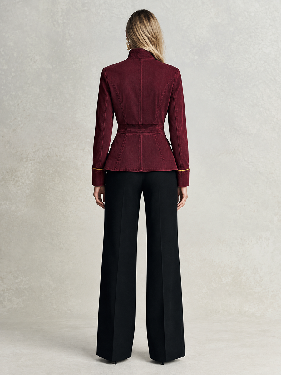 Burgundy Gold Button Military Jacket For Women