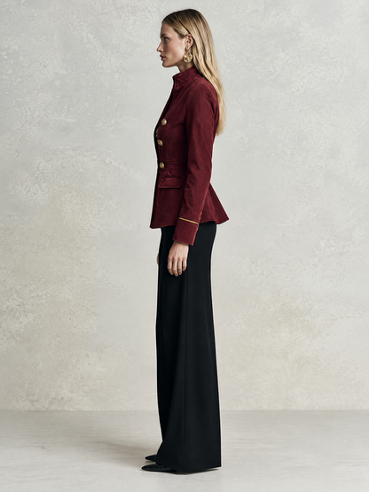 Burgundy Gold Button Military Jacket For Women