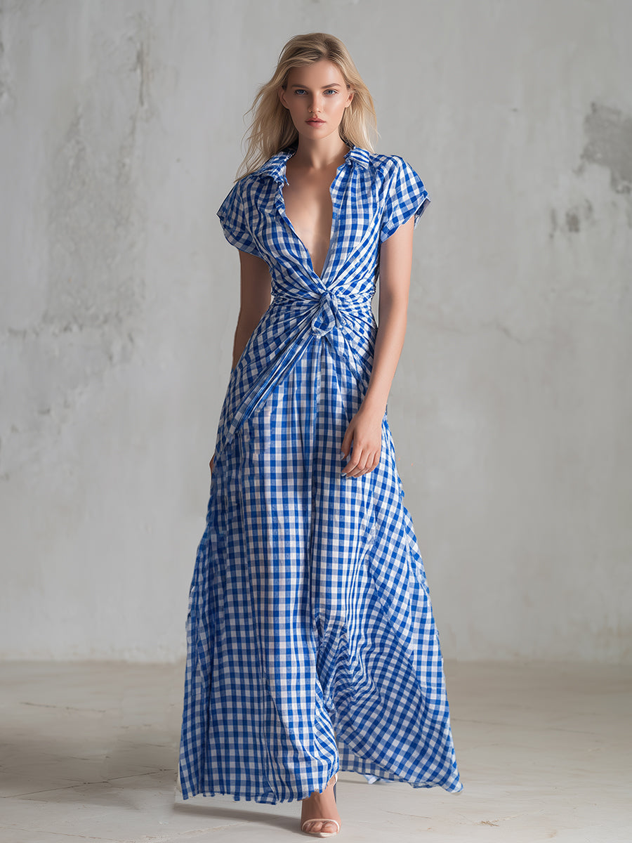 Stylish Urban Blue Checkered Lapel Short-sleeved Maxi Dress