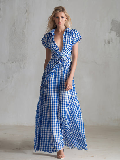 Stylish Urban Blue Checkered Lapel Short-sleeved Maxi Dress