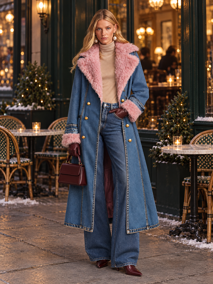 Long Denim Coat With Pink Faux Fur Trim