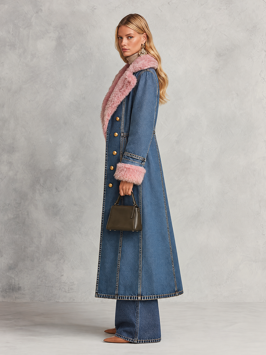 Long Denim Coat With Pink Faux Fur Trim