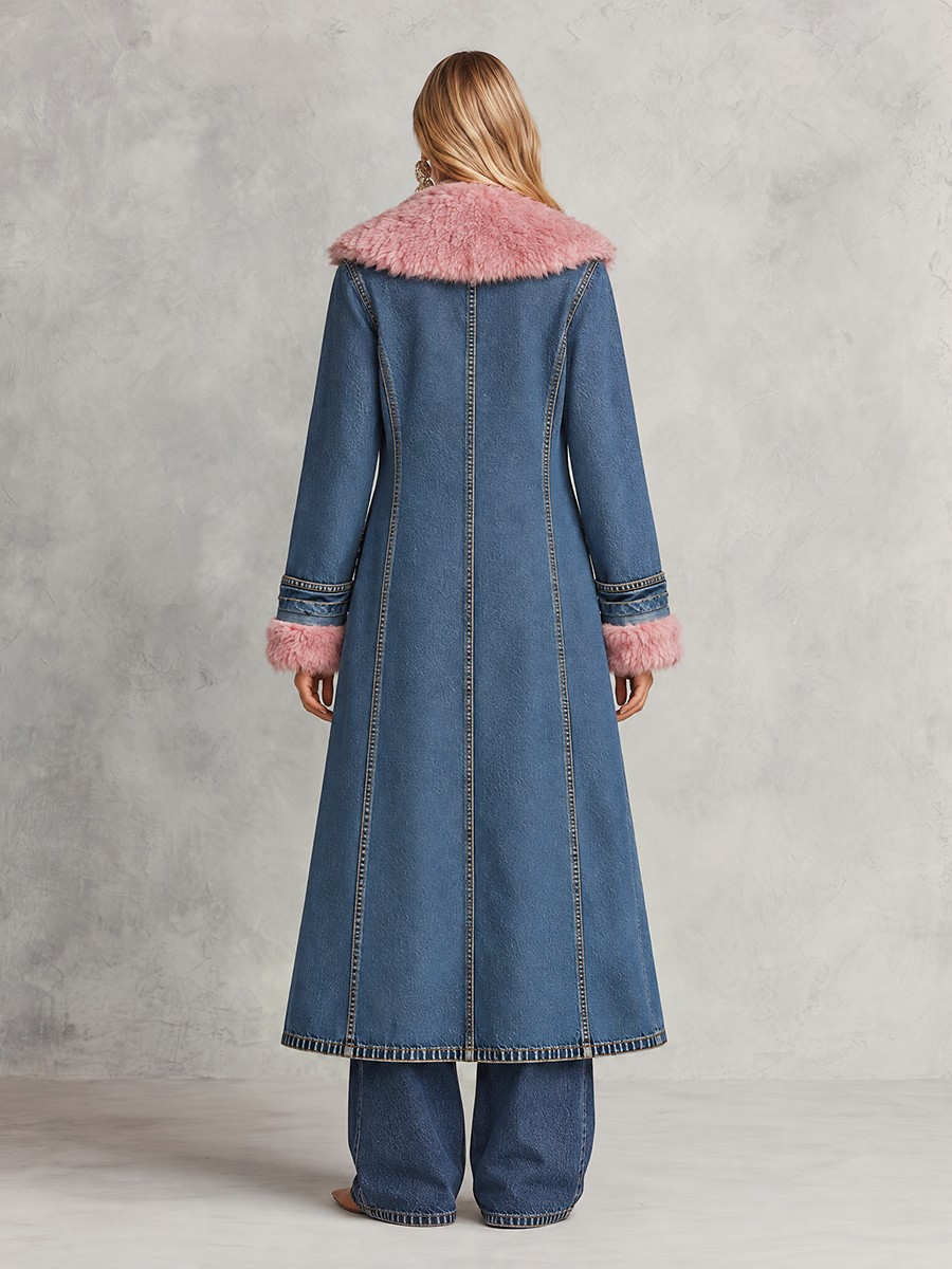 Long Denim Coat With Pink Faux Fur Trim