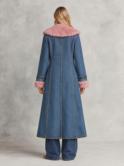 Long Denim Coat With Pink Faux Fur Trim