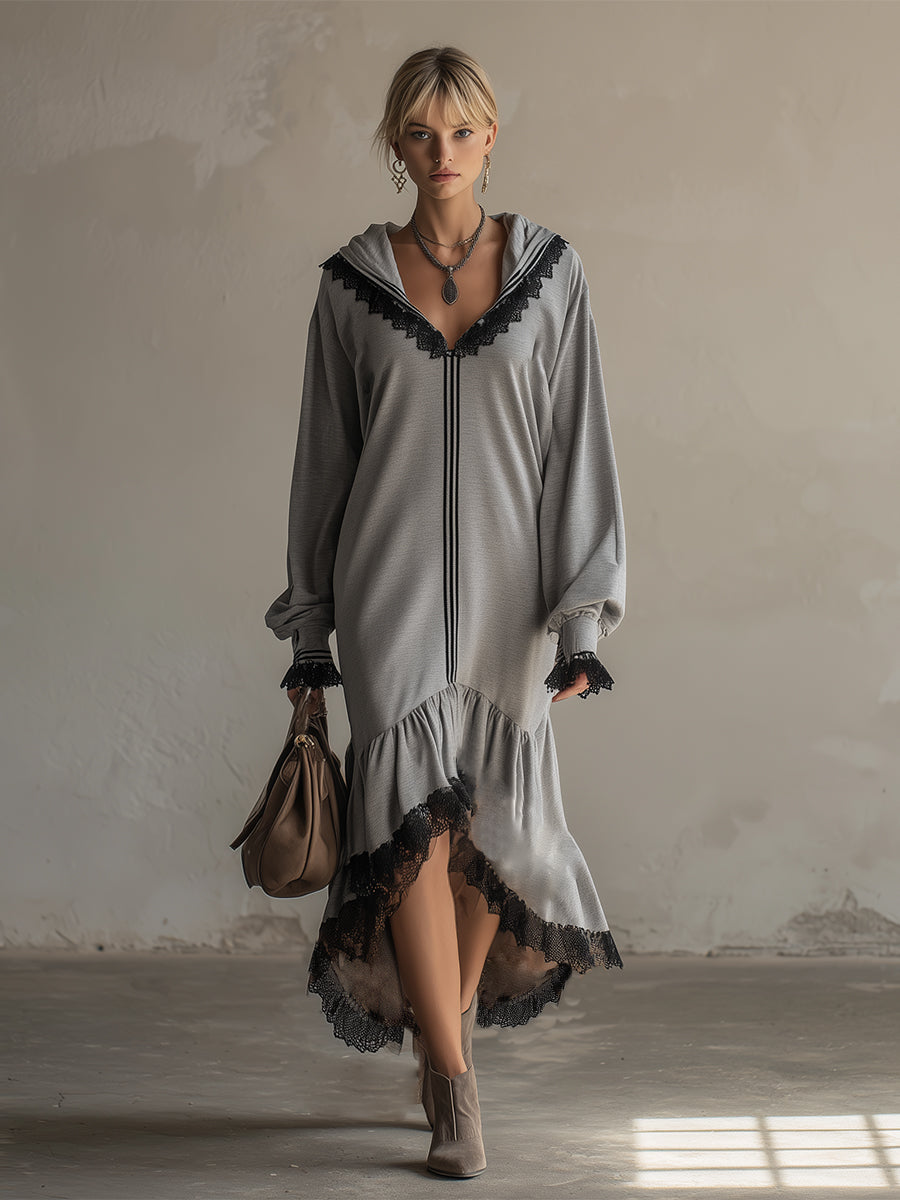 Stylish Sporty Lace-trimmed Grey Hooded Sweatshirt Maxi Dress