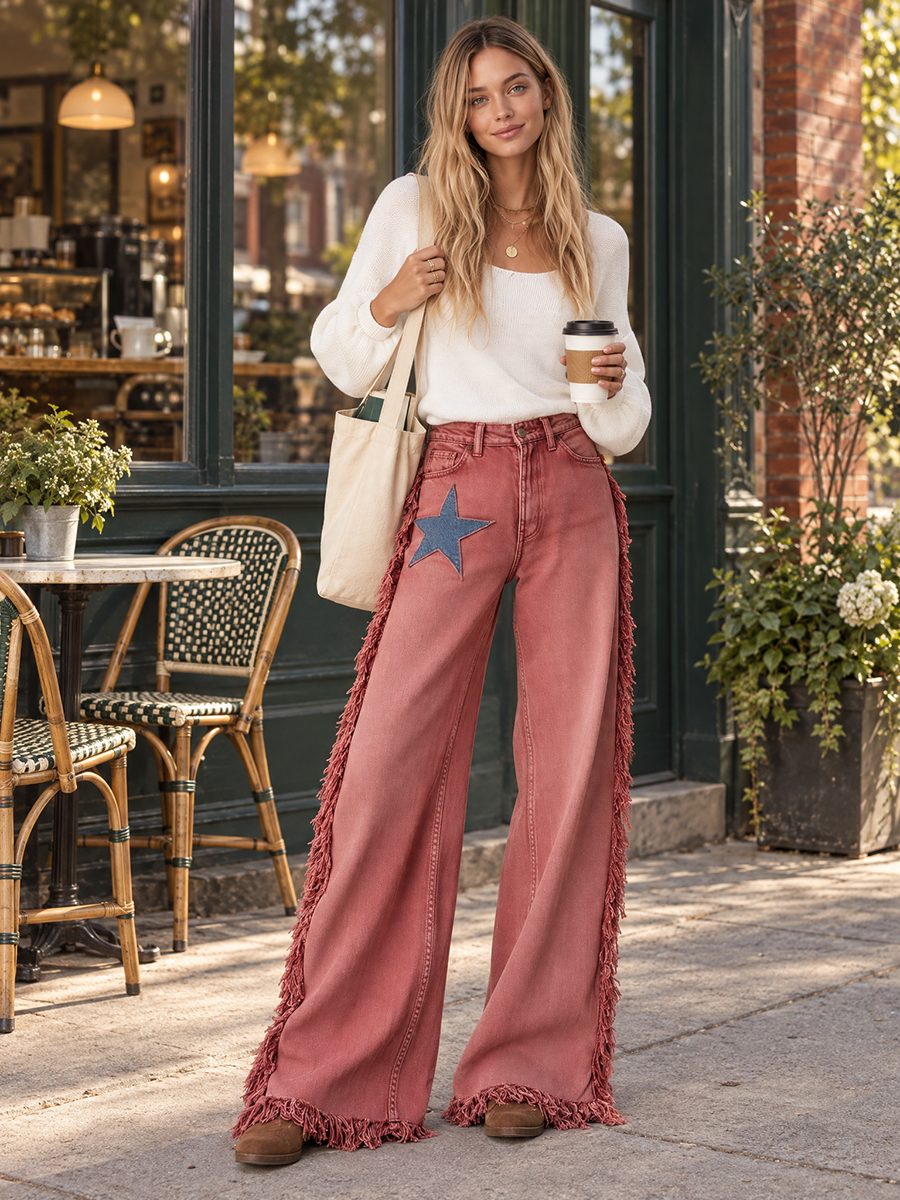 Retro Western Star Patch Fringe Wide Leg Women&
